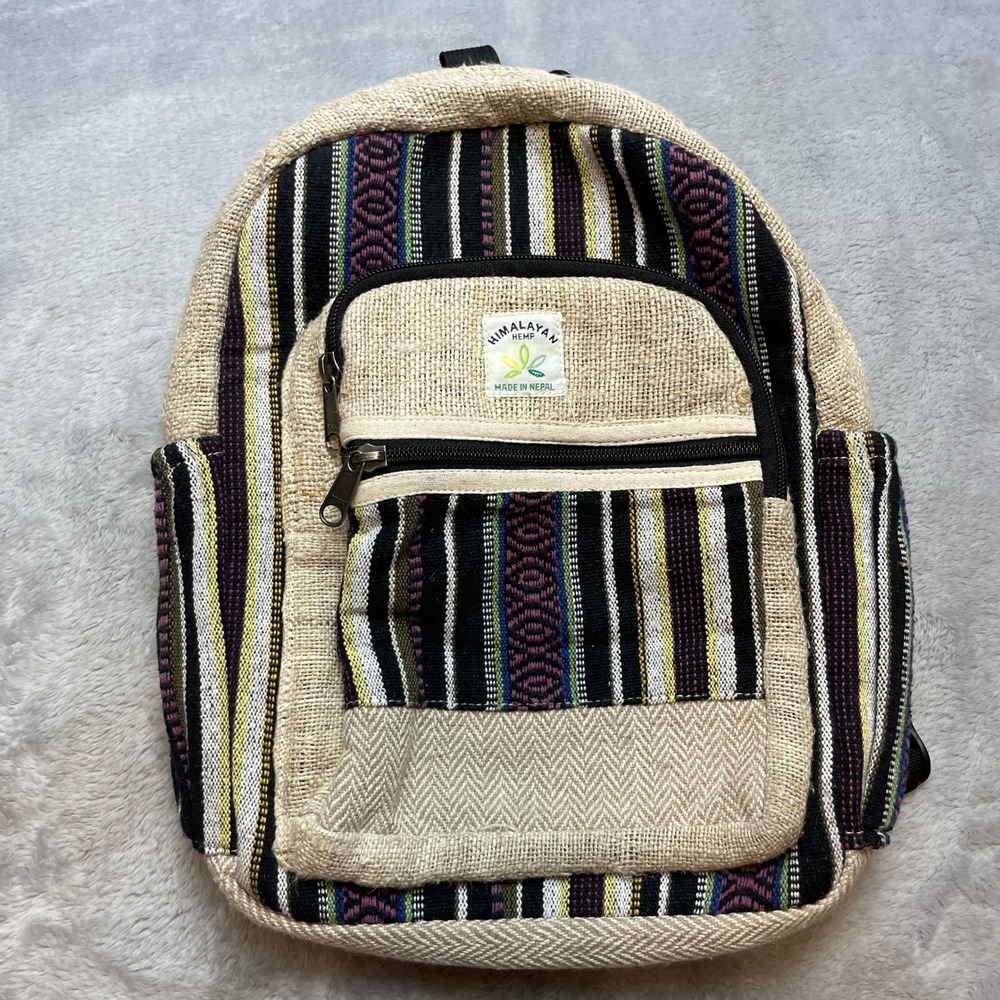 Himalayan Hemp Unisex Striped Backpack Size Medium Tan Hemp Cotton Boho Nepal